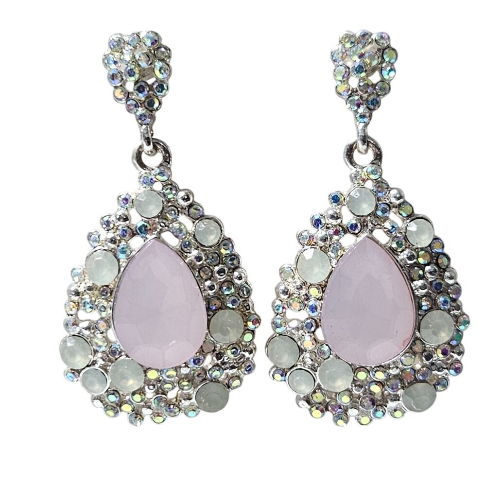 Elegant Teardrop Dangle Earrings Pink Gem Iridescent Rhinestones Retro Jewelry